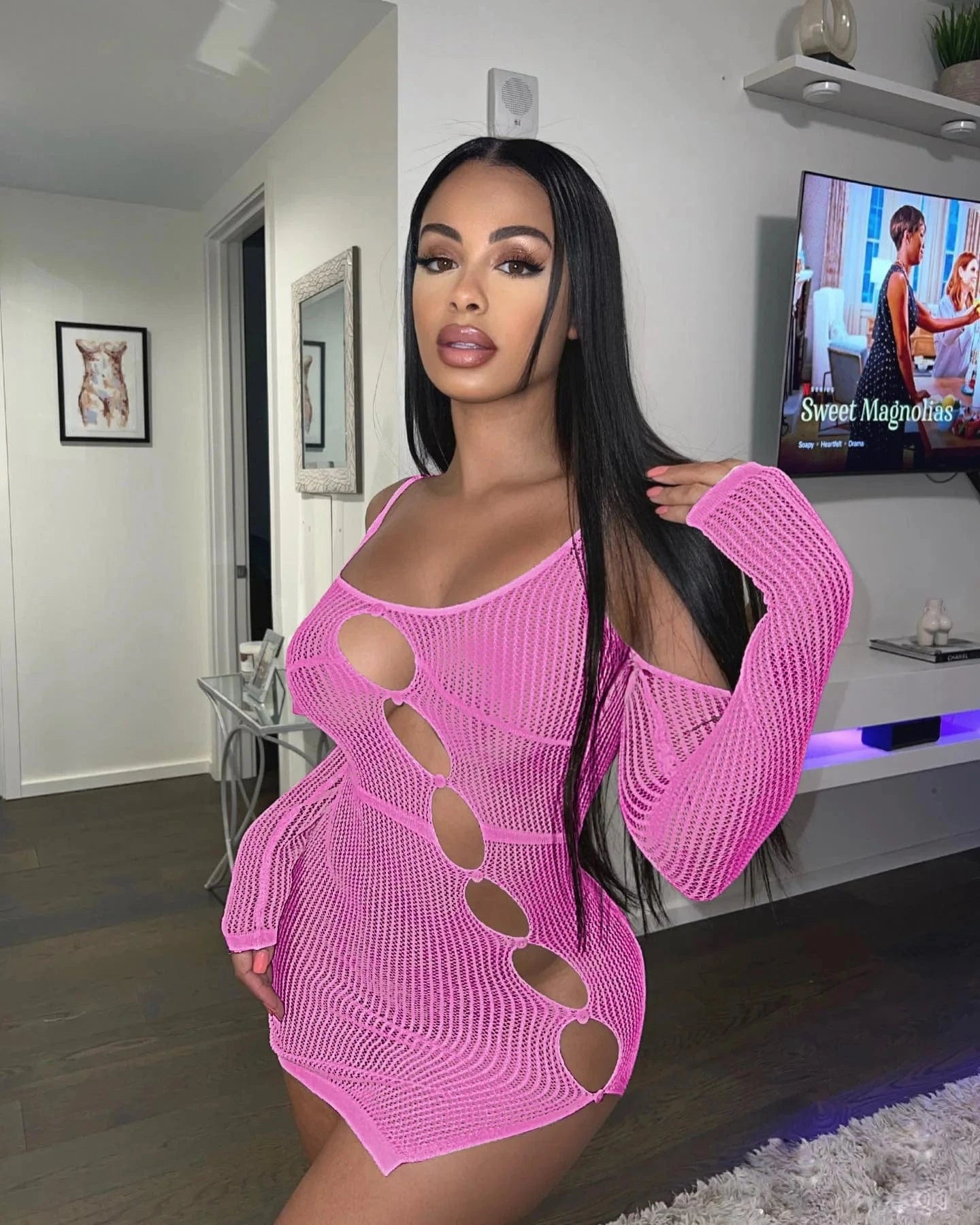 S / Pink Spring Dresses Women 2024 Ribbed Knit Crochet Dress Sheer Long Sleeves Trendy Sexy Cutout Mini Length Knitted Dresses for Women