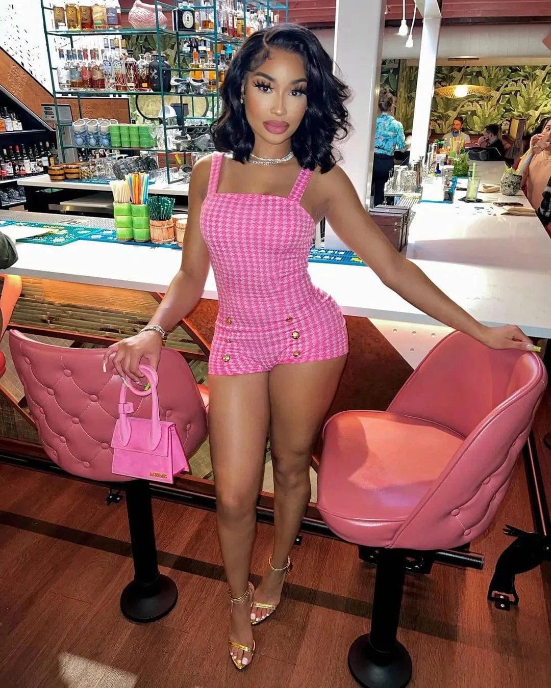 S / Pink Strap Elegant Women Romper Jumpsuit Summer Casual Tank Short Jumpsuit Bodycon Pink Cute Print Rompers for Women