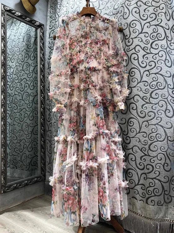 S / Pink Top Quality Women's Long Dress 2024 Spring Wedding Party Ladies Charming Floral Print Long Sleeve Maxi Dress Gown Vestido