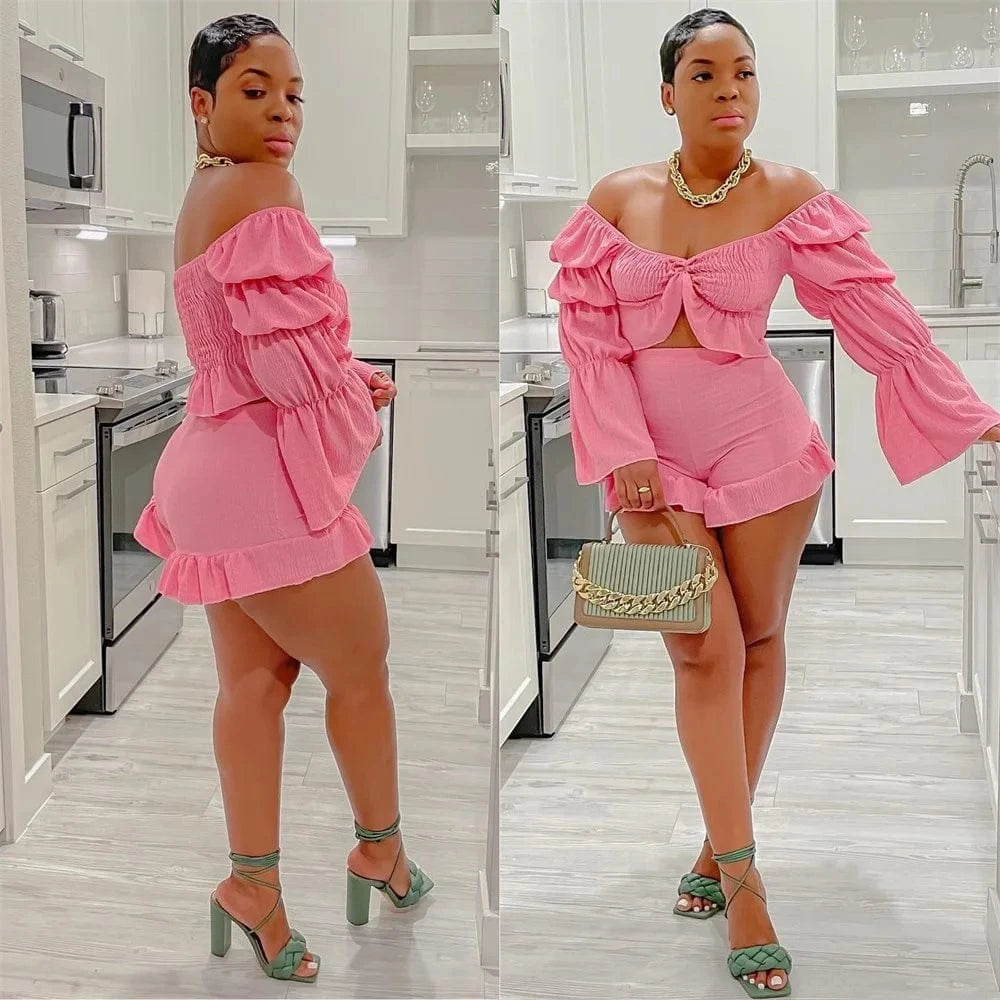 S / Pink Top Selling Trending Products 2023 New Arrivals 2 Piece Shorts Set Crop Tops for Women Puff Sleeve Cute Women Shorts Set Street