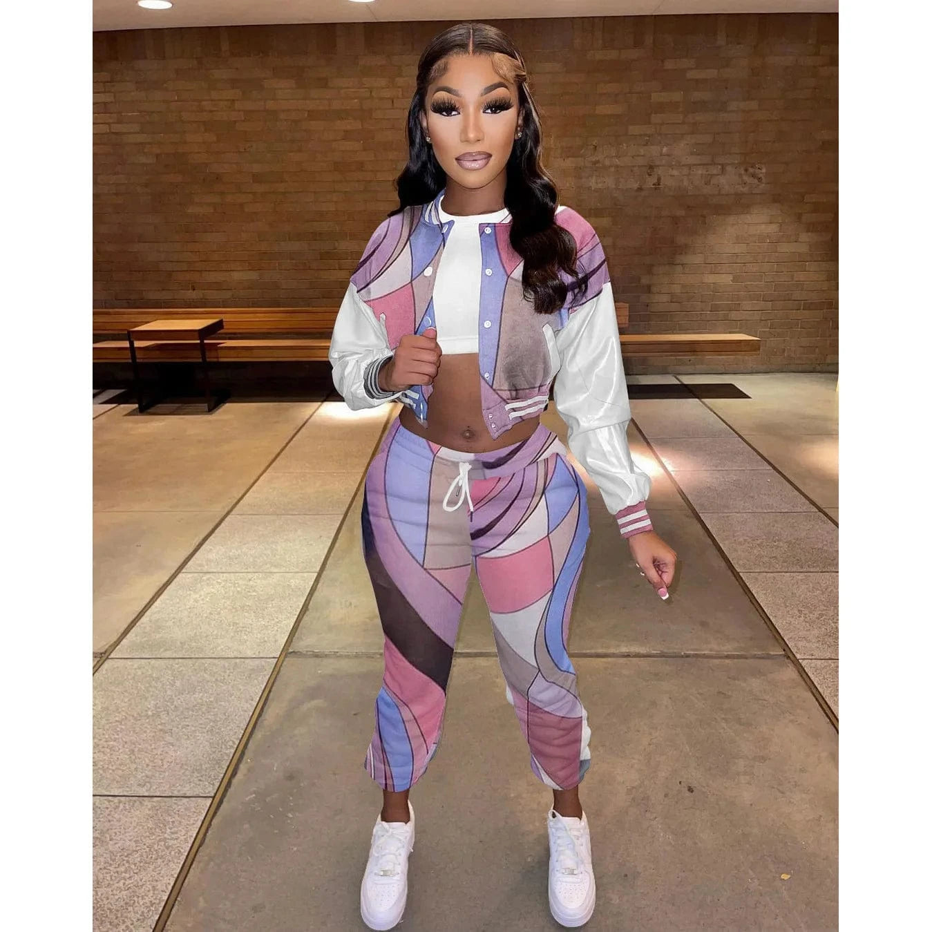 S / Pink Two-piece trousers suit jogging sportswear women's baseball sports suit Button leather sleeve stretch suit with thin velvet
