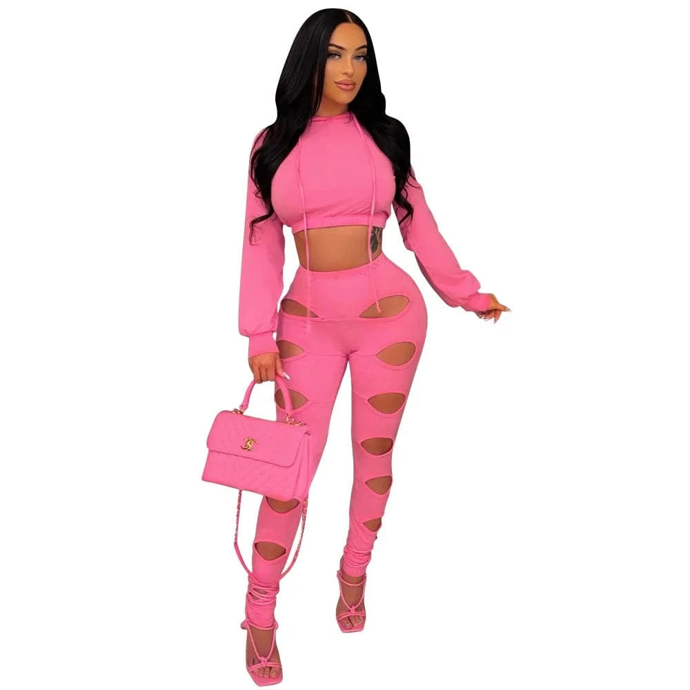 S / Pink Women Crop Top Sweatshirts Shirts and Pants Set Long Sleeve 2 Piece Sets Women 2022 Pant Set Cut Out Joggers