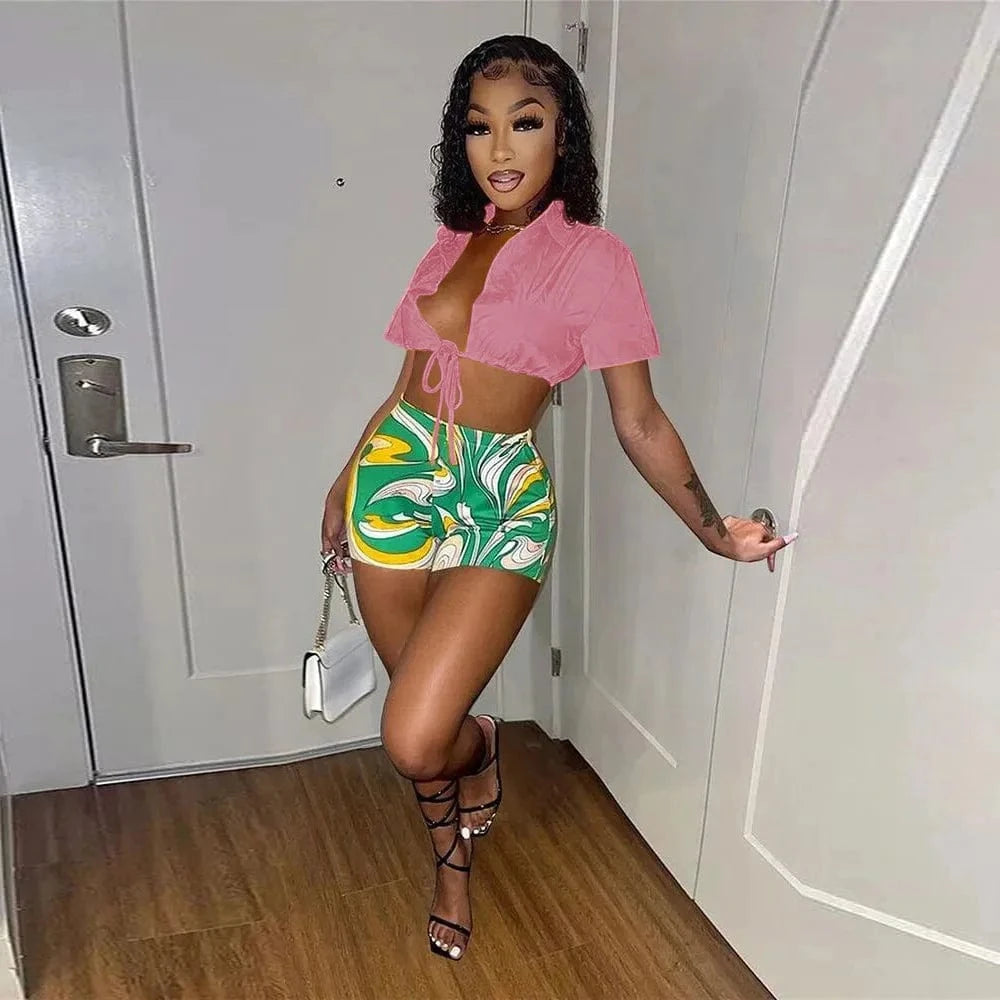 S / Pink Women Going Out Outfits Summer 2 Piece Set Women Shorts Set Shirt Top and Shorts Set Summer Crop Top 2 Piece Women