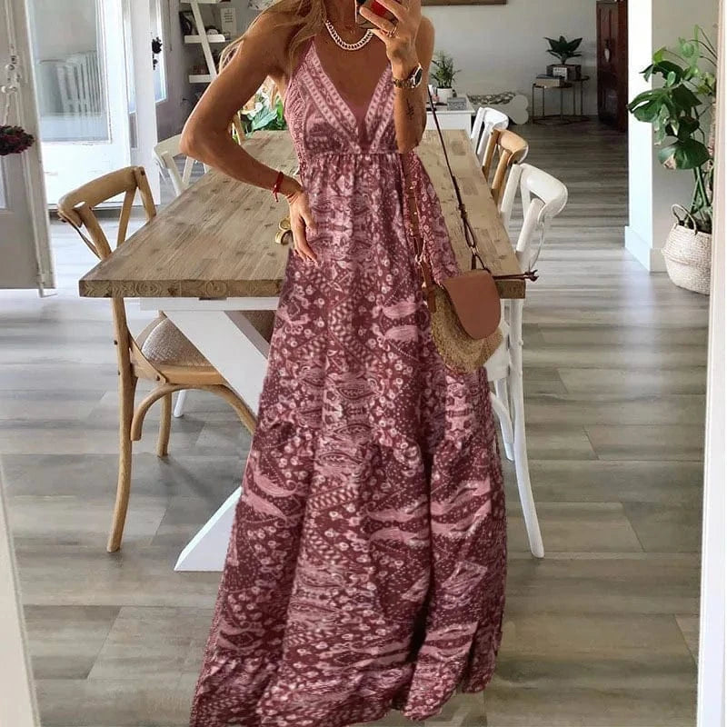 S / Pink Women's Boho Vintage Maxi Dress Sexy Flora Print Suspender Beach Dress traps Maxi Ruffles Sundress Backless dress