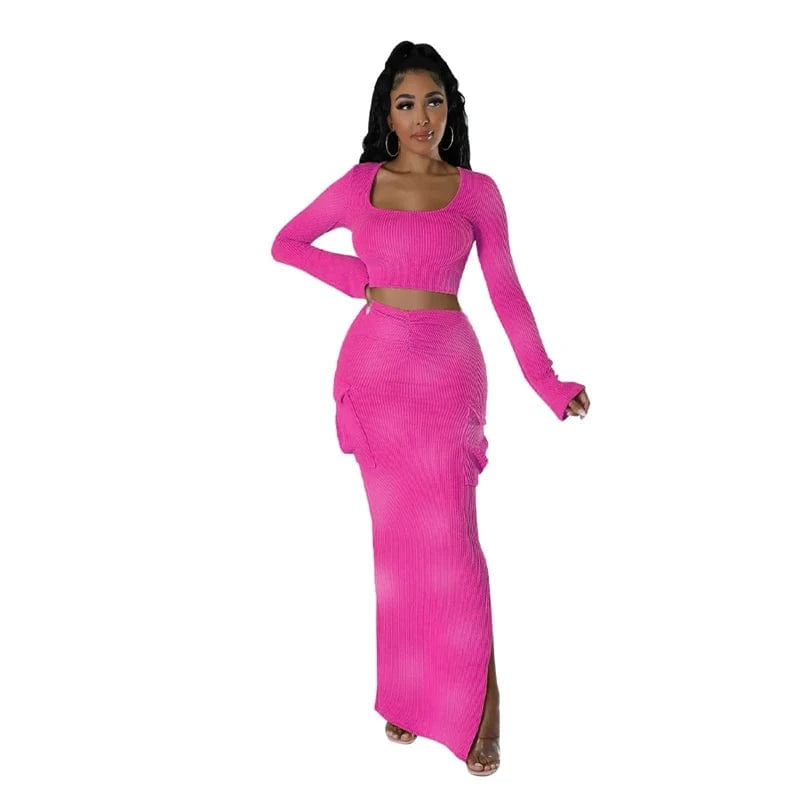 S / Pink women striped knit midi skirt and long sleeve square collar top 2 pc two piece set spring 2024 clothing clothes outfit for women