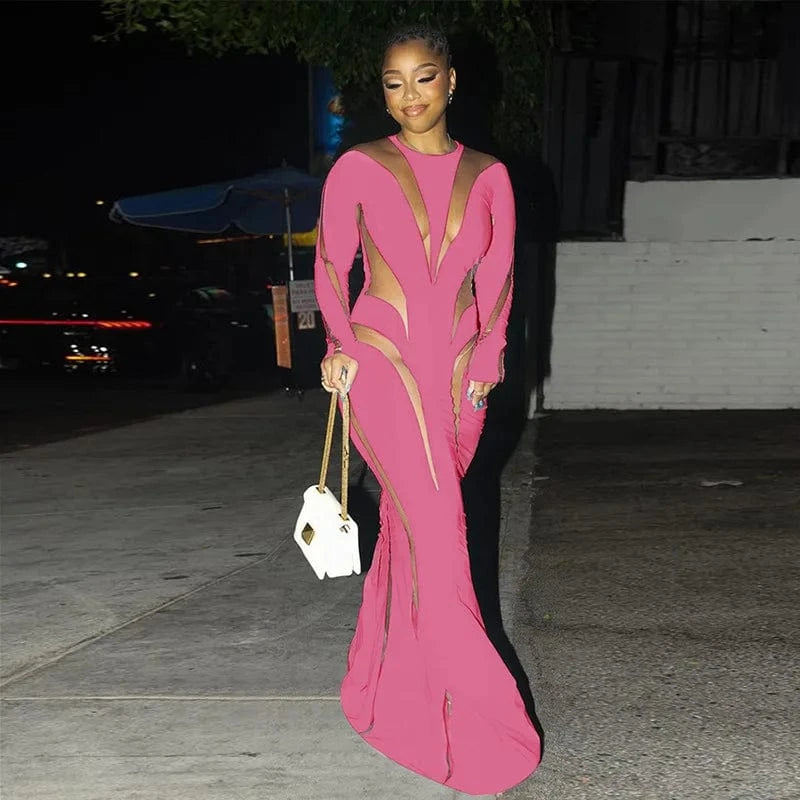 S / Pink ZHEZHE 2024 New Arrivals Women Casual Slim Side Rhinestone Long Sleeve Slit Midi Dress Fashion Patchwork Maxi Dress