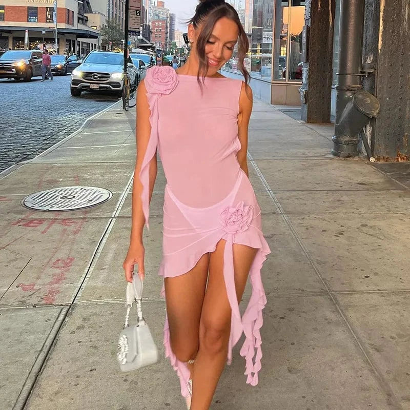 S / pinnk Custom Backless Off Shoulder Mesh Ruffles Dress See Through Sexy Transparent 2023 Beach Wear