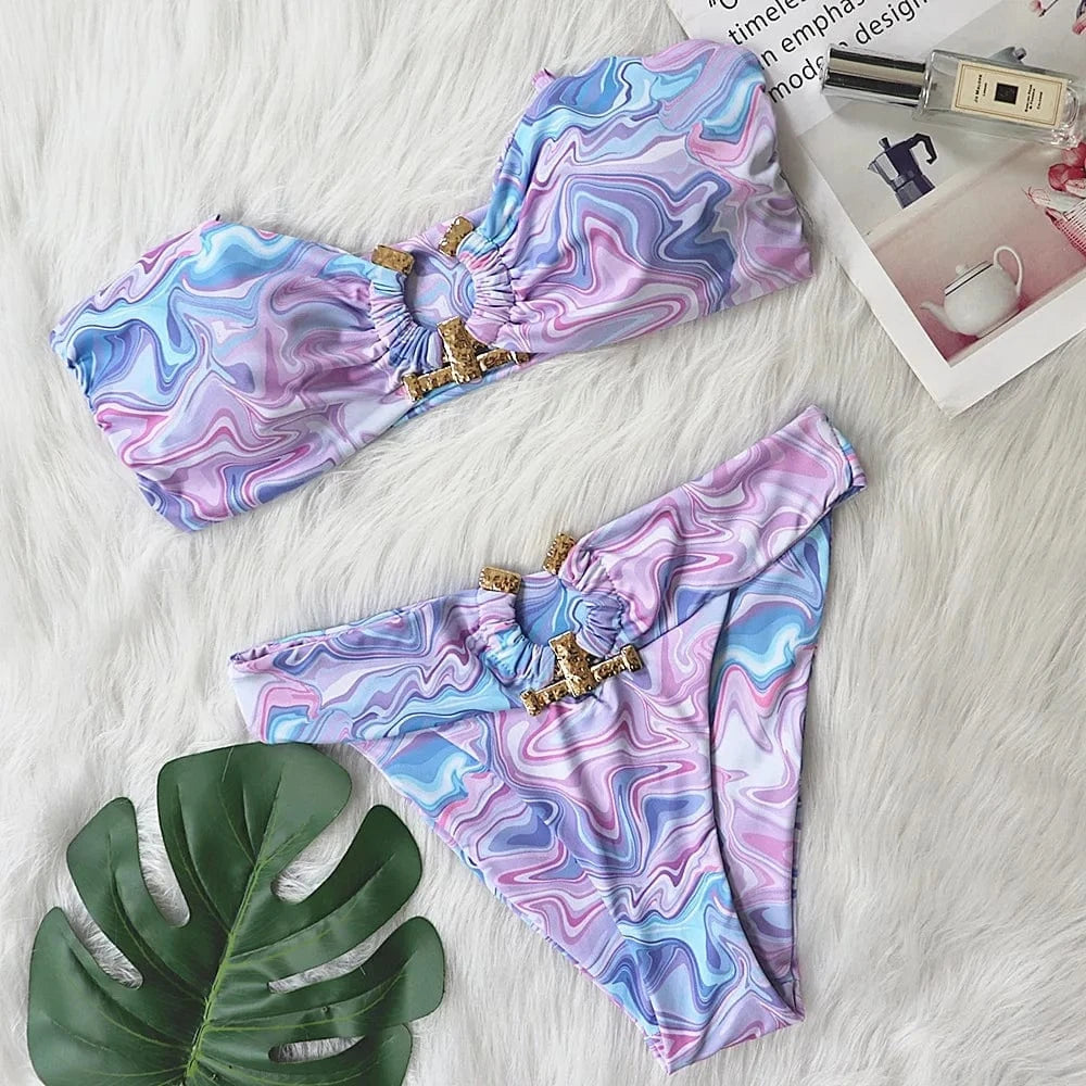 S / Print 2024 Sexy Brazilian Bikinis Set Hammered Trim Swimwear Women Metal Ring Swimsuit High Waist Swimming Suits for Bathing Suit