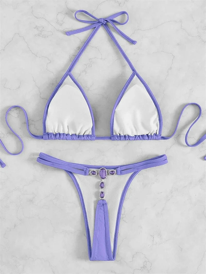 S / Purple Custom Jewelry Diamond Shinny Spangly Bikini Purple G String Thong for Women 2024 Luxury Swimwear Sequin Swimwear
