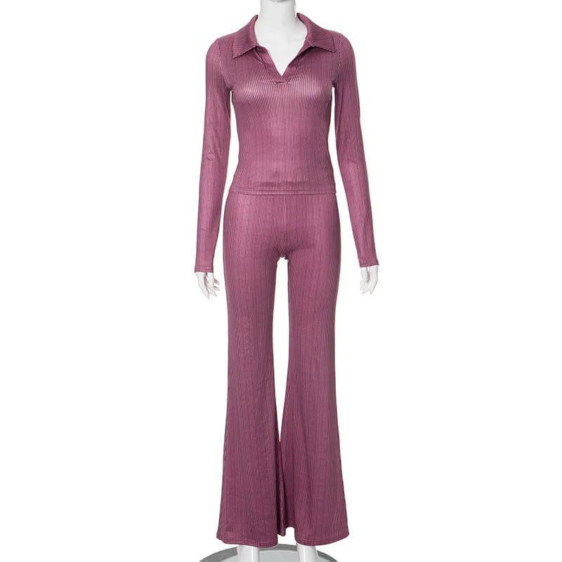 S / Purple fall spring 2024 women ladies striped v neck outfit two 2 piece long sleeve top shirt and pants set streetwear clothes for women