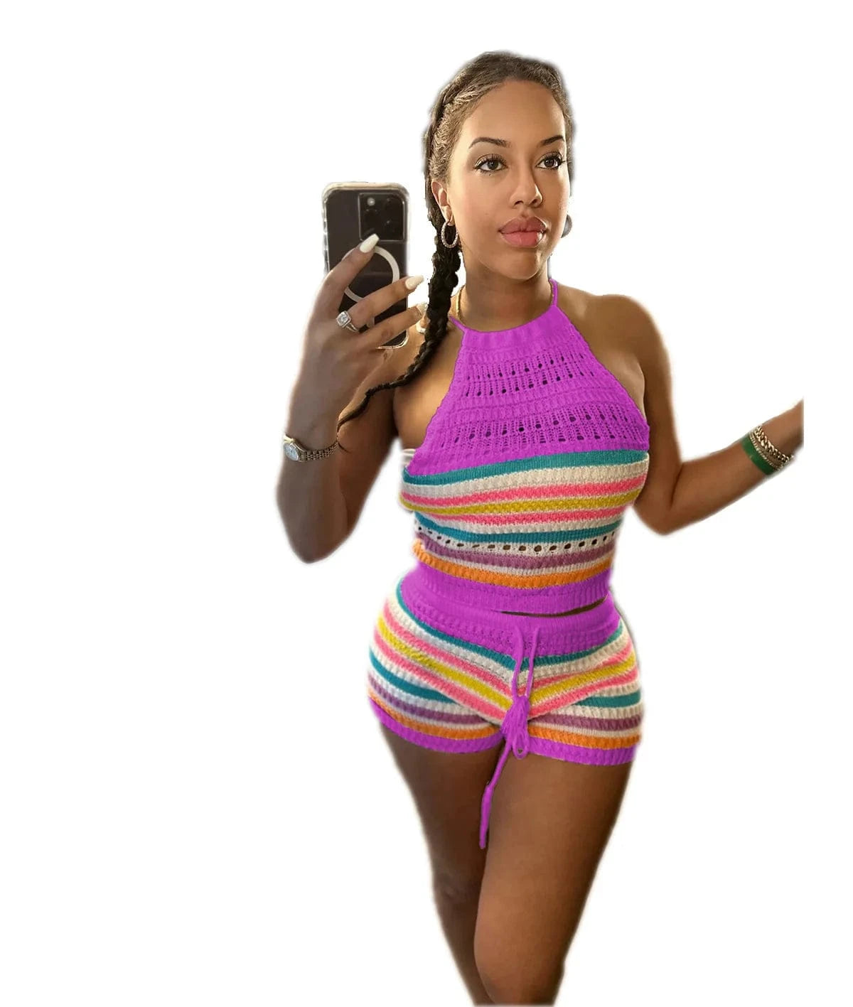 S / Purple Halter Top Knitted Summer Sets Women 2 Piece Sets Summer 2024 New Arrival Leisure Two Piece Knit Short and Crop Set