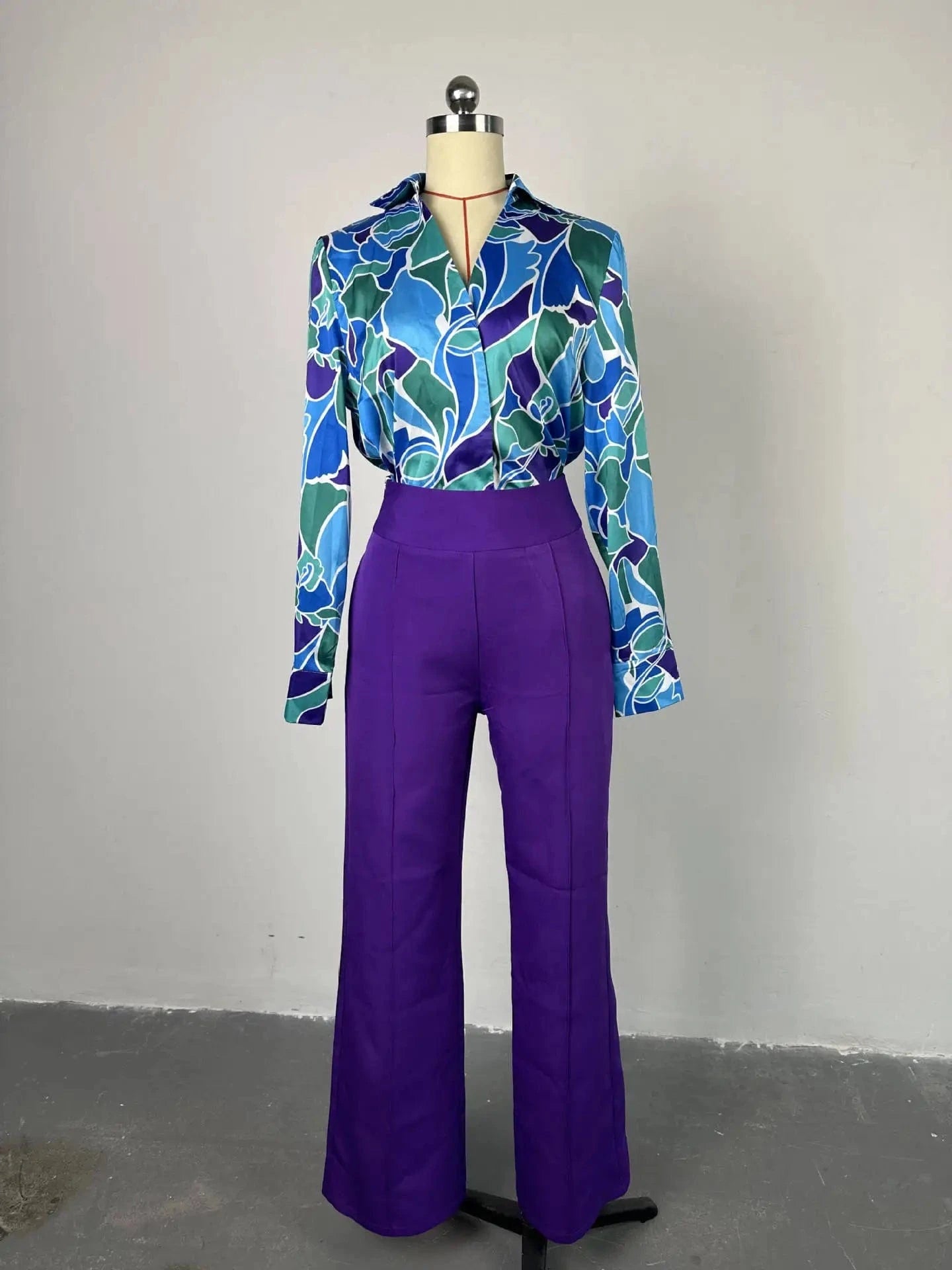 S / Purple HK7003 Fashion Autumn Causal Street Wear Trending Boutique Long Sleeve Lace-up Shirt And High Waist Pant 2 Piece Set Women