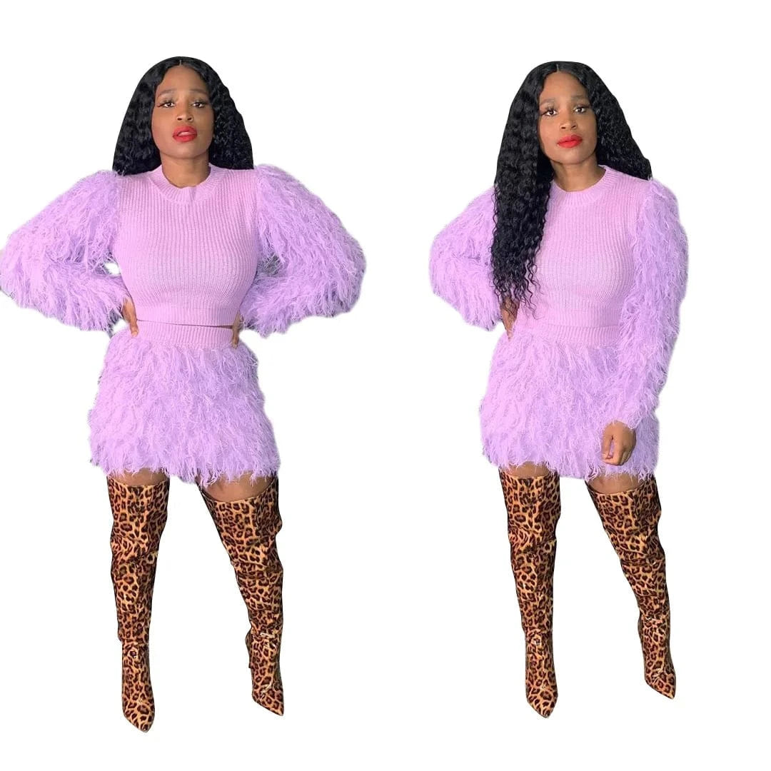 S / Purple Knit 2 Piece Furry Two Piece Set Cozy 2 pc Sweater Short Sets Winter Matching Shorts Set Sweater Women