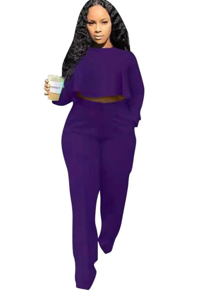 S / Purple Liu Ming Popular Women Casual Custom Printed Long Sleeve O Neck Two Piece Tops Wide Leg Long Pants Set