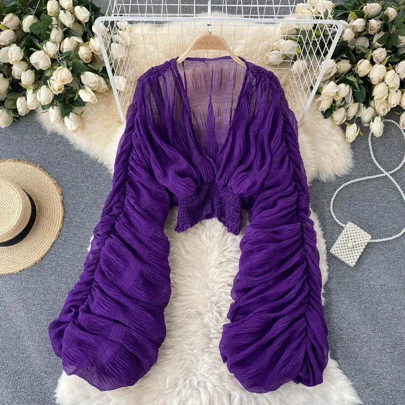 S / Purple / Silk / Cotton ZHEZHE 2024 Spring New Arrivals Fashionable Bubble Sleeve Pleated Top Versatile Deep V Sexy Chiffon Shirt Tops