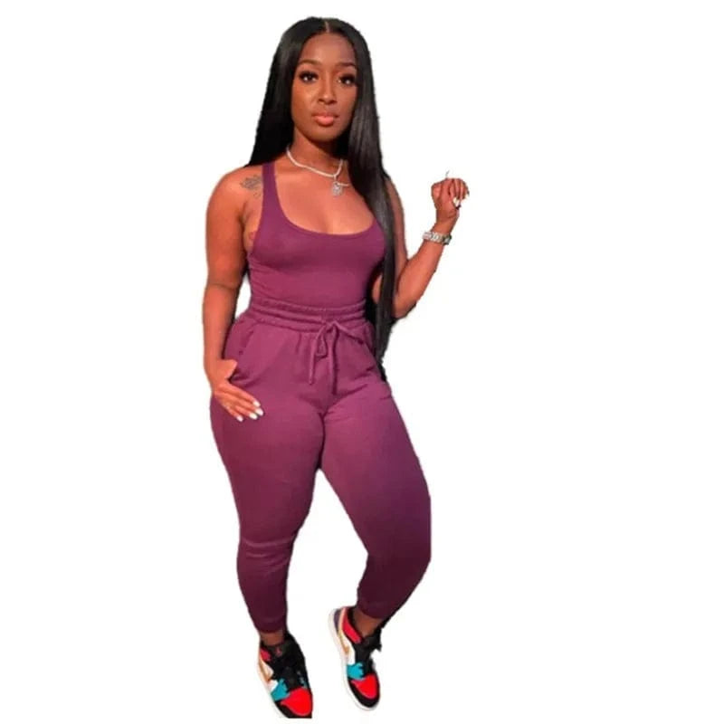 S / Purple Womens 2 Piece Terry Jogger Set Tank Top Two Piece Sweat Pants Summer Cotton Jogger Sets Women Plain