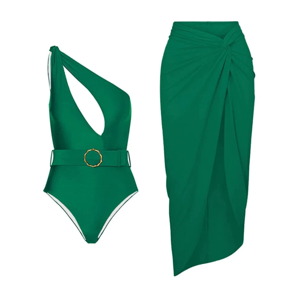 S / QJY185Y1 2024 New Solid One Pieces Swimsuit with Skirt One Shoulder Bathing Suit Cut Out with Belt Vintage Como Set High Leg Swimwear
