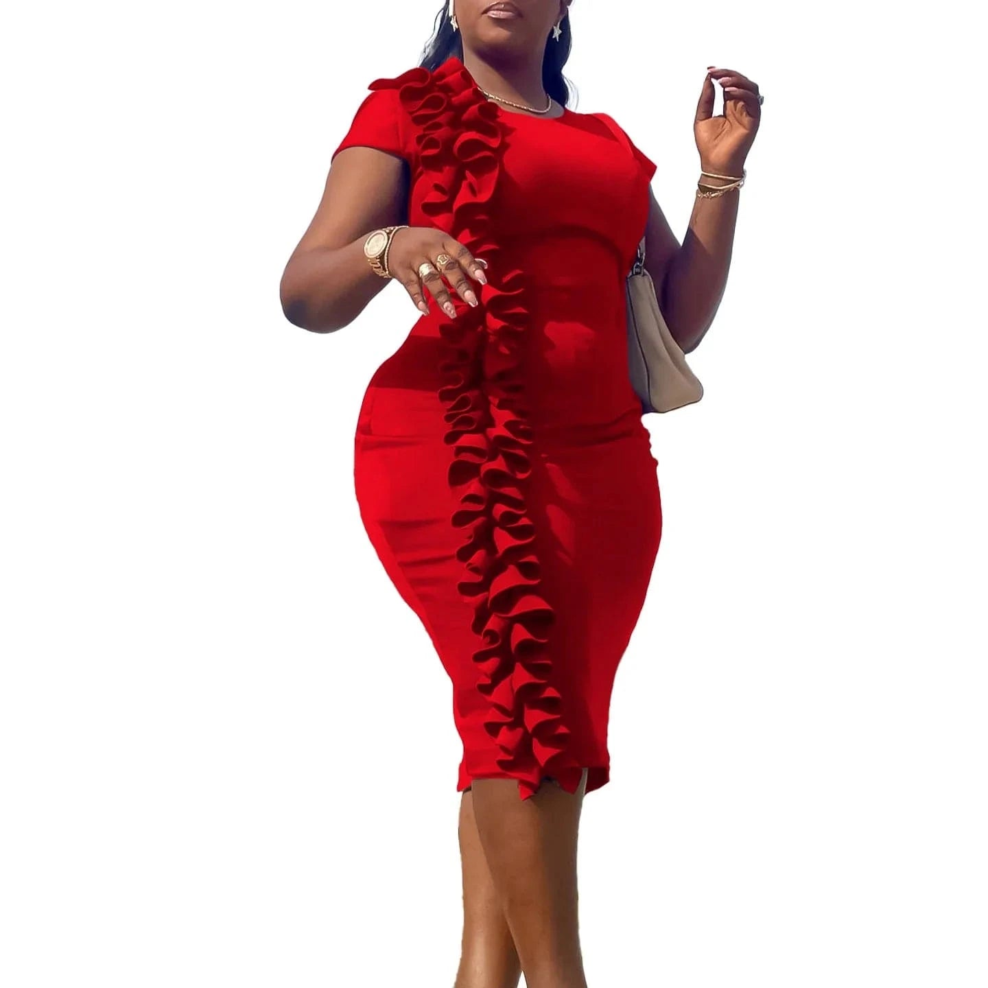 S / Red 2024 African Design Popular Casual Dresses Women Elegant Solid Color Front Ruffles Formal Church Office Ladies Dress for Work