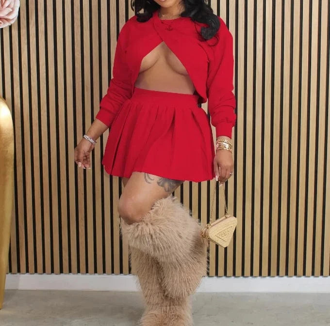 S / Red 2024 casual women 2 pieces sets long sleeve hollow crop tops and pleated skirts suits streetwear tracksuits