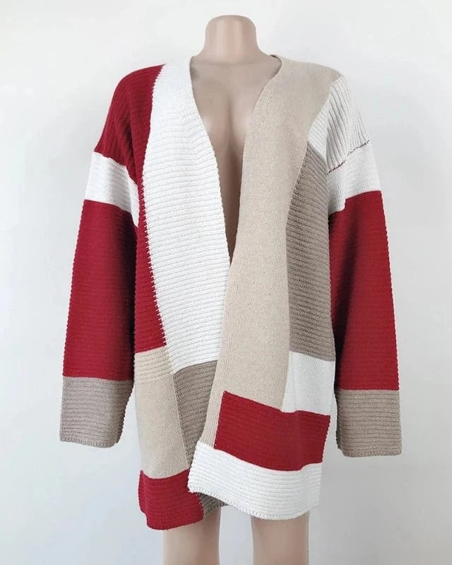 S / Red 2024 Custom Winter New Contrast Mixed Color Stripe Long Sleeve Cardigan Women Sweater Lady Clothing