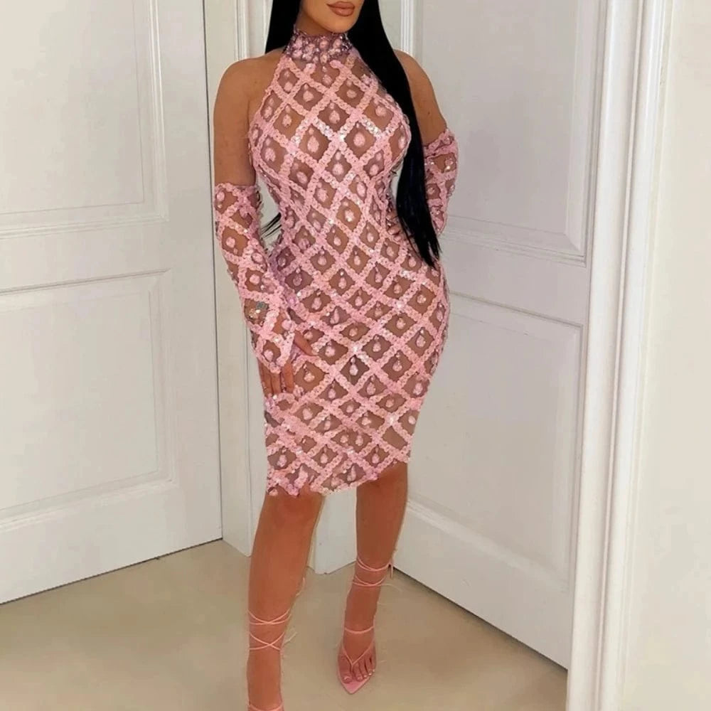 S / Red 2024 Hot Selling Bodycon Casual Sleeveless Dress Fashionable Hip Bag Sequin Dress With Gloves For Women