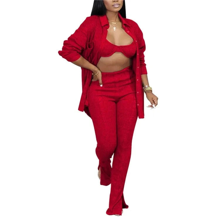 S / Red 2024 New Fashion 3 Piece Outfits Matching Sets Women Knit Cardigan Cropped Bra Tops Flare Spilt Pants