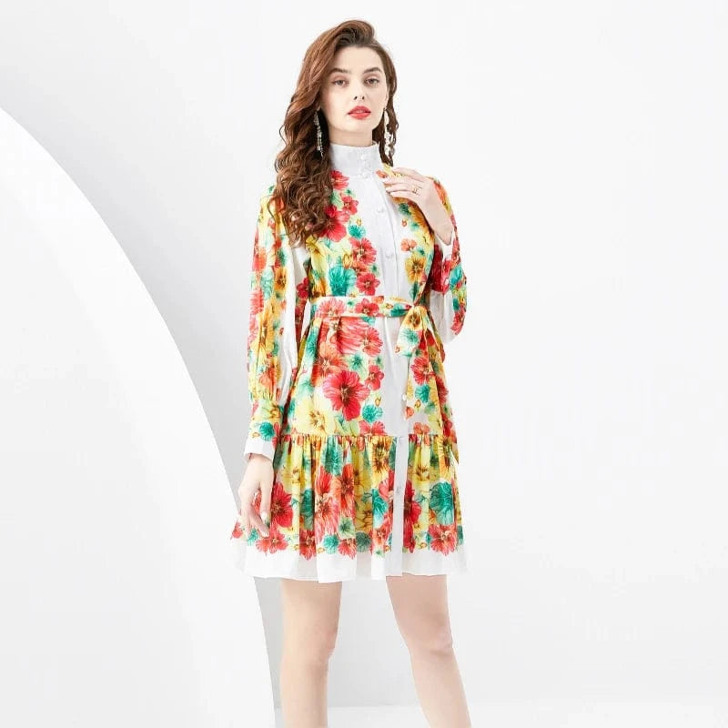 S / Red 2024 Spring/Summer Standing Neck Lantern Sleeves Wave Edge Mini Retro Print Dress KL6223075
