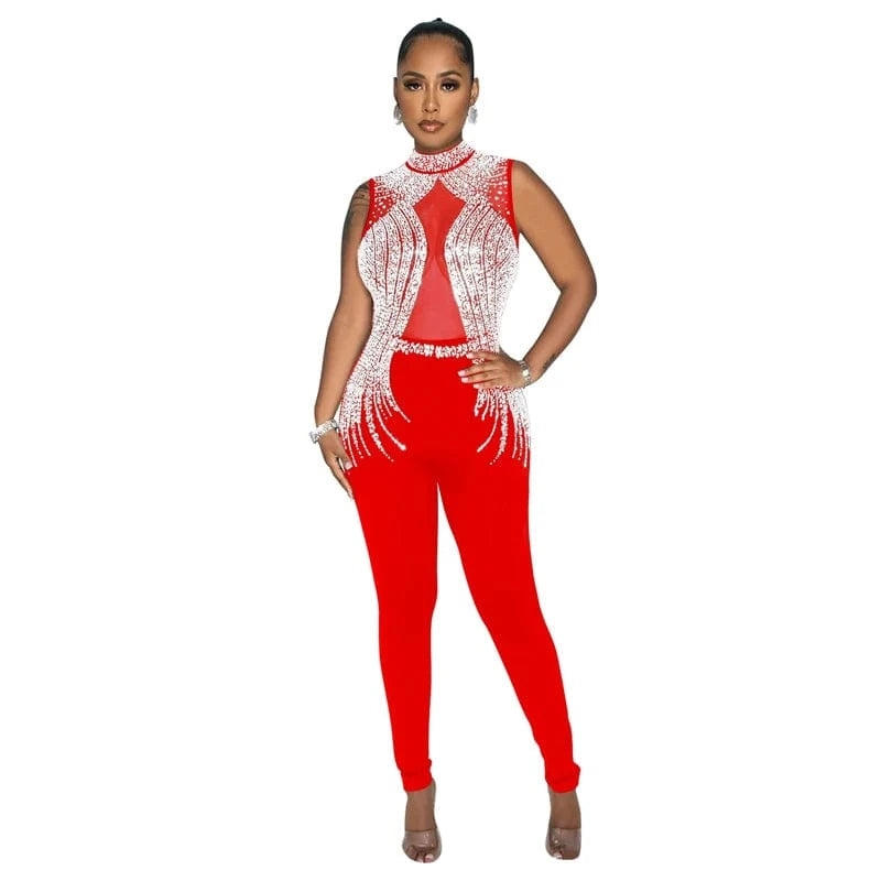 S / Red 2024 women's elegant sexy chic black rhinestone crystal bead diamond wedding evening pants jumpsuit overall romper for ladies