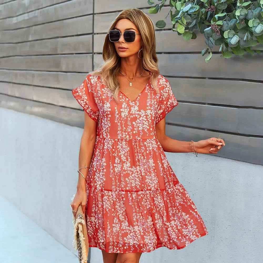 S / Red 2024 women summer tunic dress v neck Printed casual Loose women Short Sleeve Chic Dress A Line Floral chiffon ruffle mini Dress