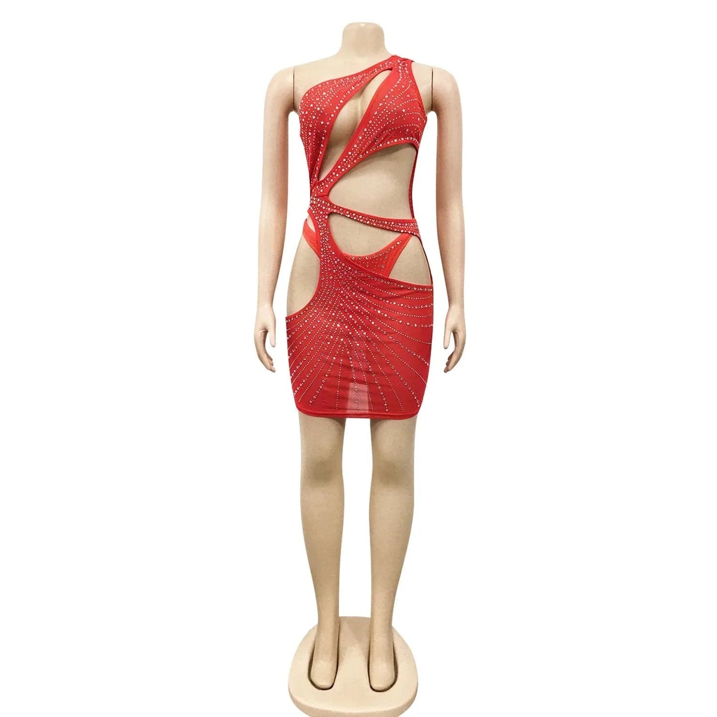 S / Red Bomblook C117DS02 2024 Spring New Arrivals One Shoulder Outfits Cutout Outfits Party Club Beading Mini Mesh Dress With Underwear