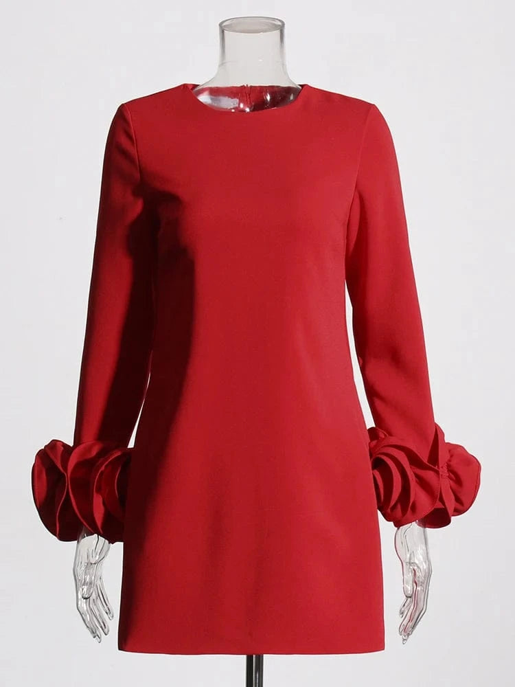 S / Red CHICEVER Lady Elegant Patchwork Appliques Party Dresses Long Sleeve Slimming Women Casual Dress