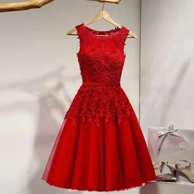 S / Red Cocktail Dress Little Appliques Beading Pink Wedding Formal Dresses Flowers Illusion Knee Length Party Gown