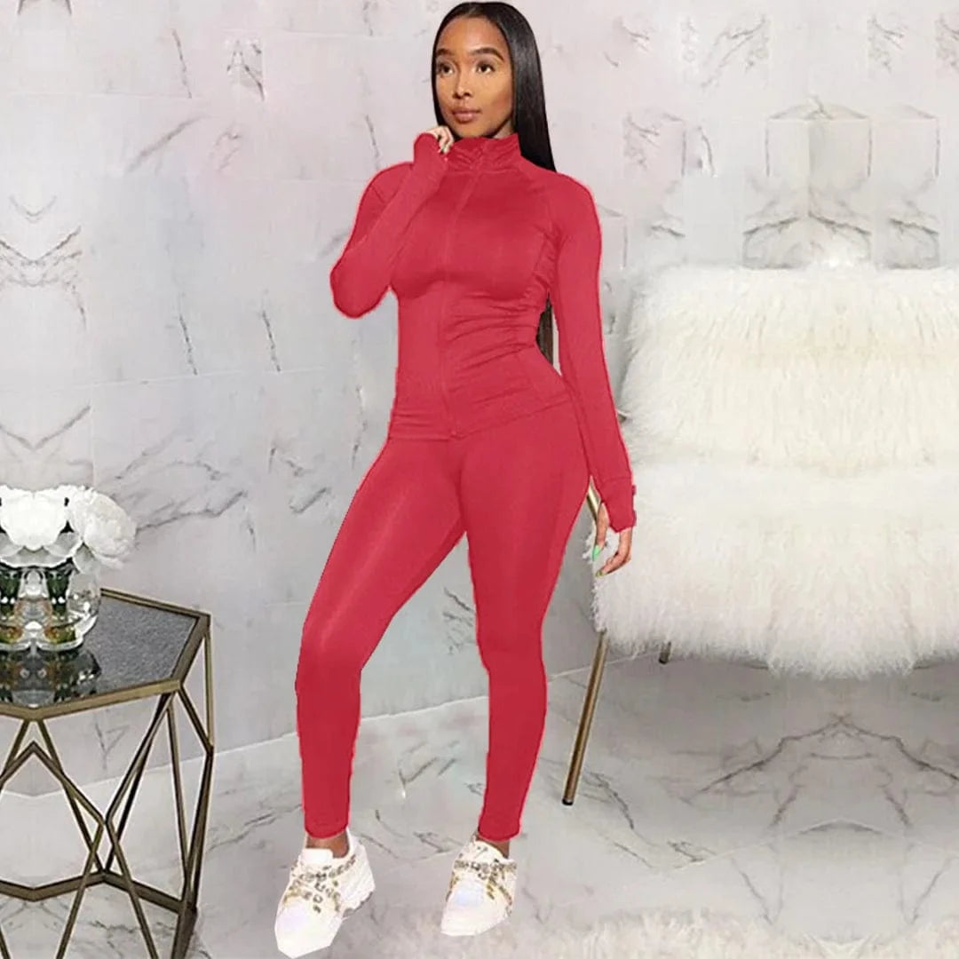 S / Red Custom Logo Tracksuit Dropshipping Polyester Slim Fit Zipper Jogging Track Suit Plain Athletic Wear 2 Piece Sweat Suit For Women