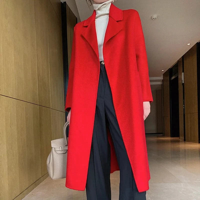 S / Red Factory Loose Belted Wool Coats Water Wave Turn Down Collar Elegant Women Cashmere Coat