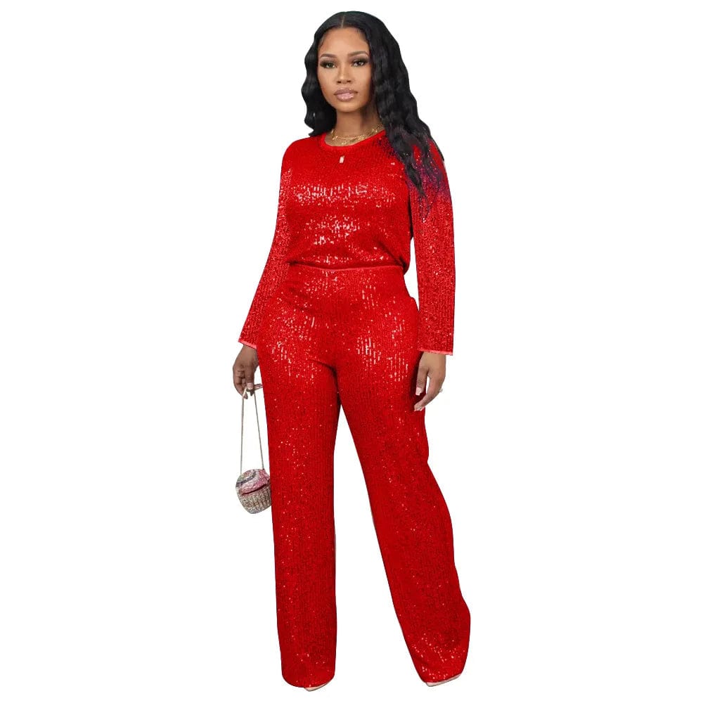S / Red Fall 2024 Fashion Sequin Women Sets Long Sleeve T-Shirt and Wide Leg Dressy Pants Suit Ladies Party Two 2 Piece Formal Outfits