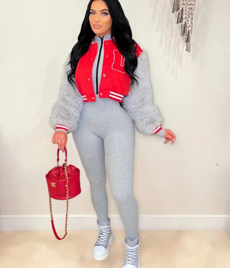 S / Red gray Liu Ming New Fashion Women Casual Patchwork Furry Sleeve Sportswear Baseball Winter Jackets Coats