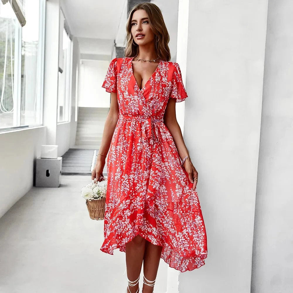 S / Red Hot Sales Women Clothes Casual Ruffle Split Dress Lady Elegant Floral Wrap Dress