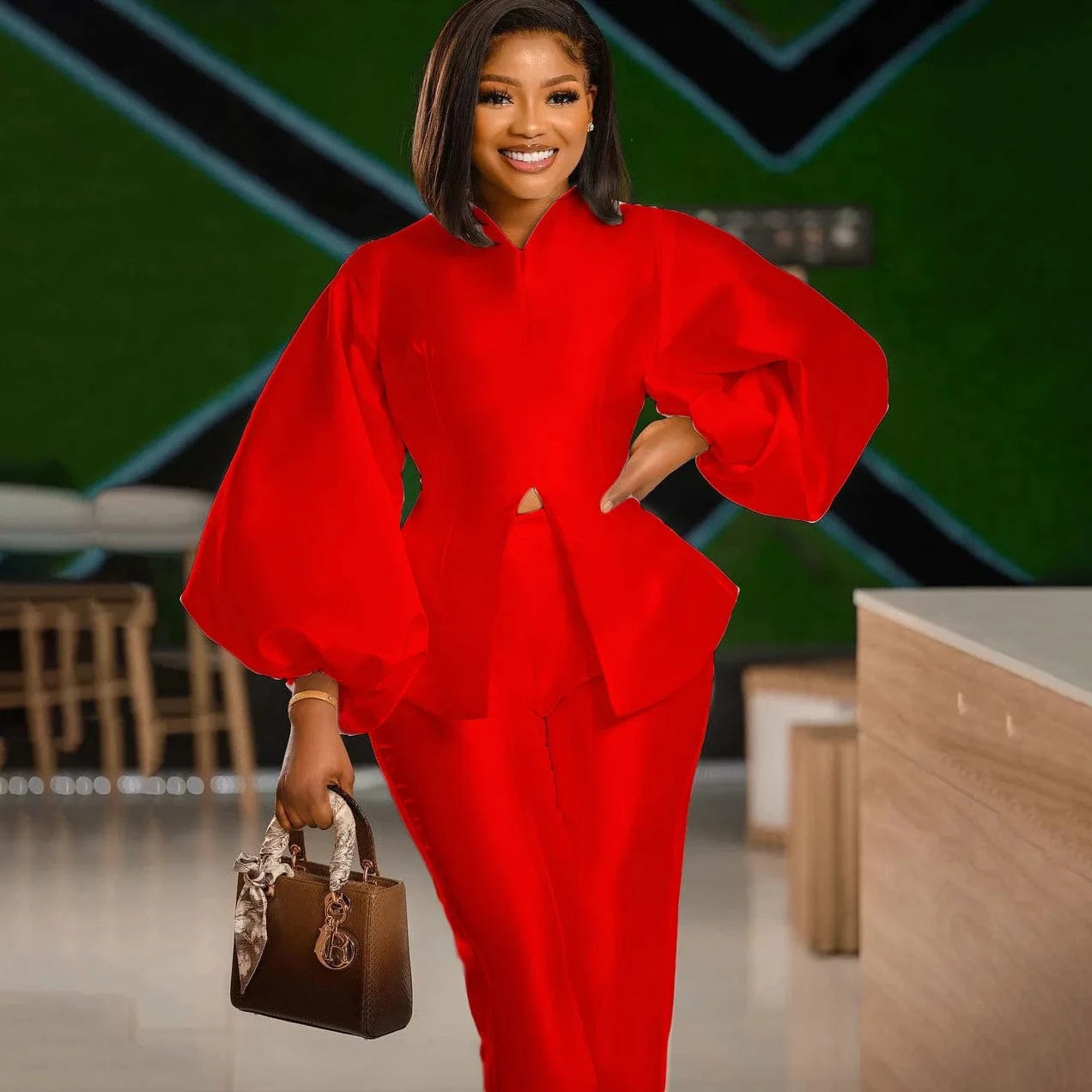S / Red Liu Ming African Autumn Outfits Women Fashion Puff Sleeve Tops Pants Trousers Plus Size Party Wear 2 Piece Set