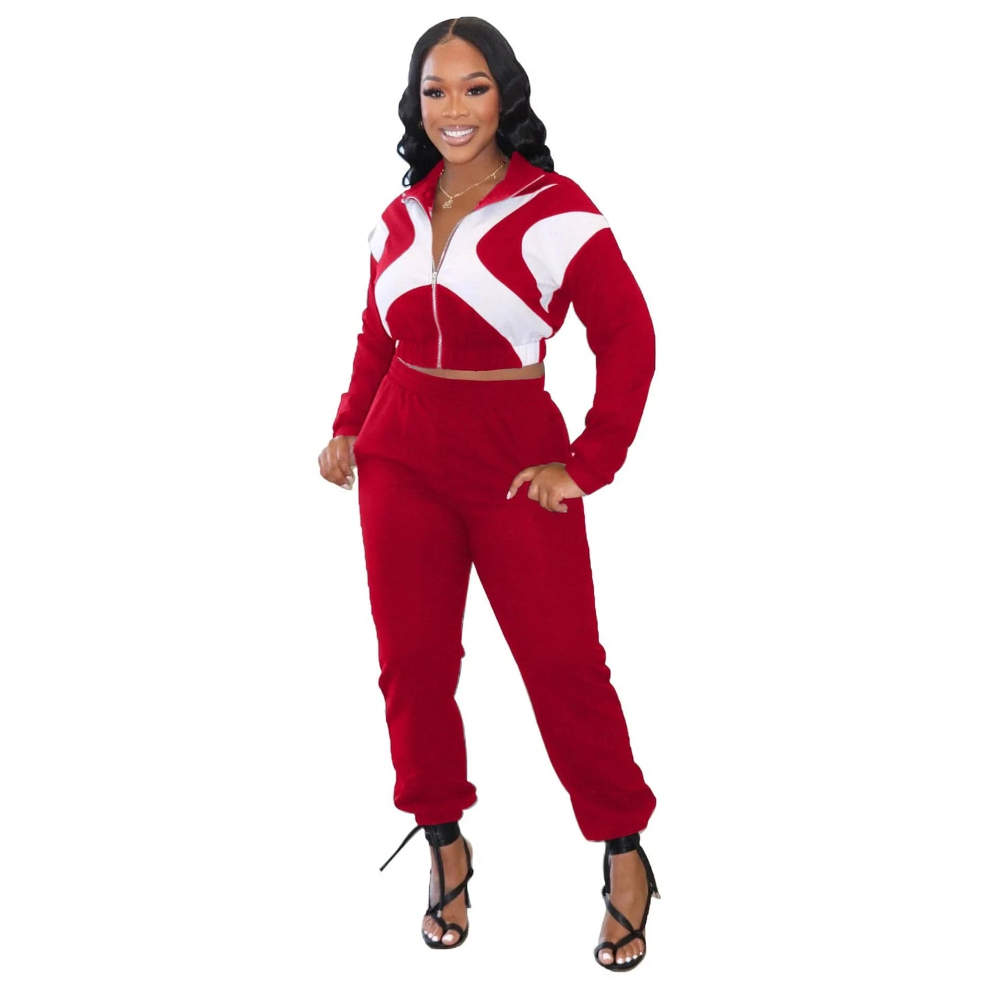 S / Red New Active Wear Women Outfits Set 2024 Patchwork Long Sleeve Jacket and Jogger Pants Suit 2 Two Piece Sets Tracksuit