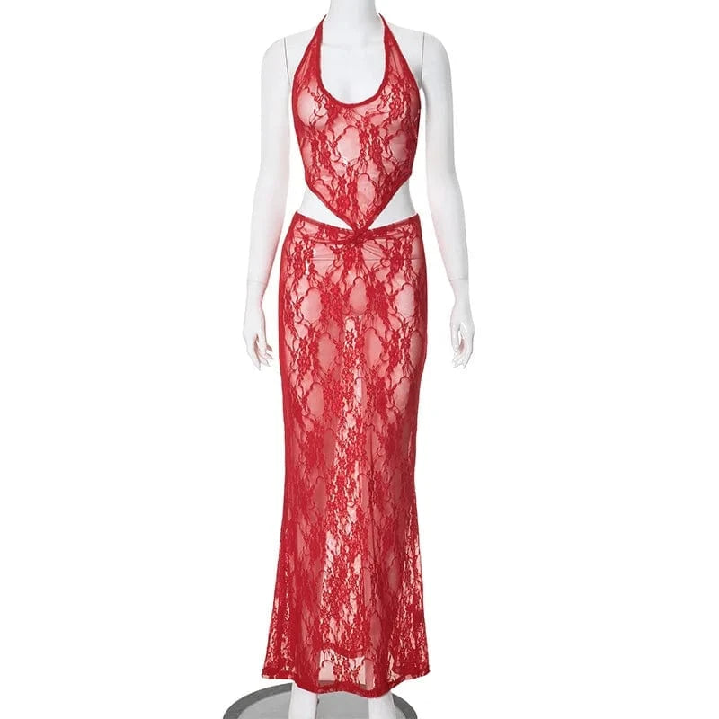 S / Red New arrivals fashion design beachwear maxi dresses lace sexy summer two piece skirt set