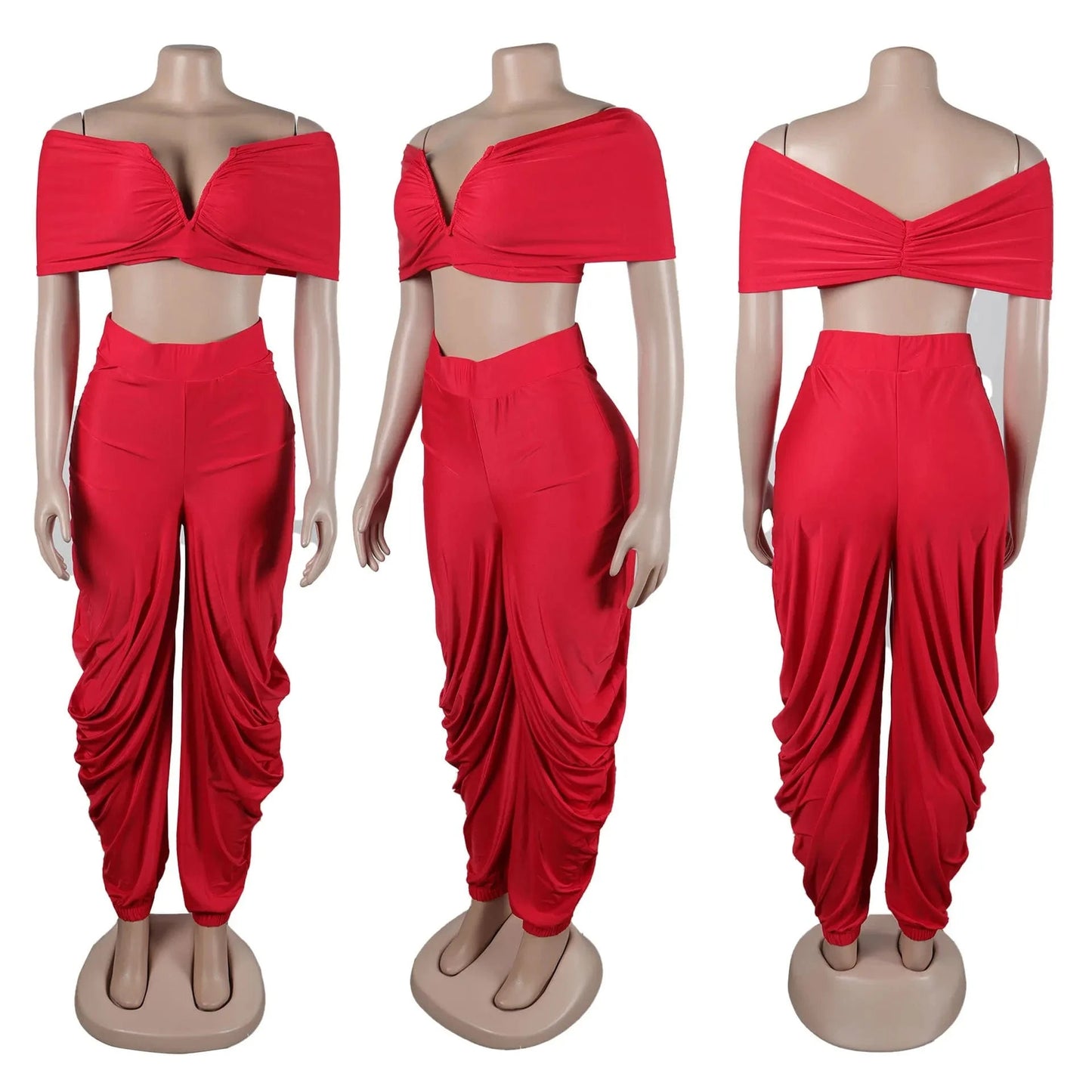 S / Red New arrivals summer 2024 S-2XL boutique fashion design ruched v neck two piece pants set