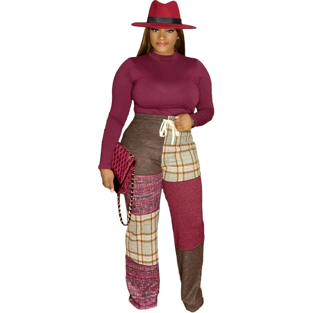 S / Red Print Plaid Bottom Ladies Casual Designer Pants Straight Plaid Pants for Female Ladies Loose Casual Plaid Patchwork Pants