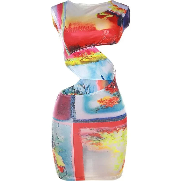 S / Red Print Sleeveless Backless Hollow Out Sexy Slim Mini Dress 2024 Summer Women Fashion Dress