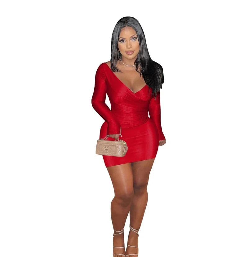 S / Red spring summer 2024 women ladies knitted club wear sexy long sleeve pleated bodycon solid color deep v neck mini dress with slit