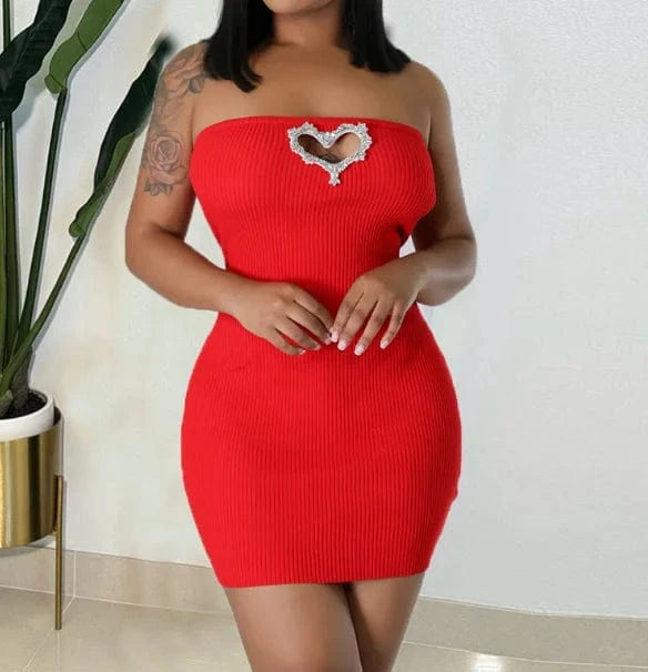 S / Red strapless elegant casual dresses rhinestone ribbed solid color women dresses 2024 spring women's clothing