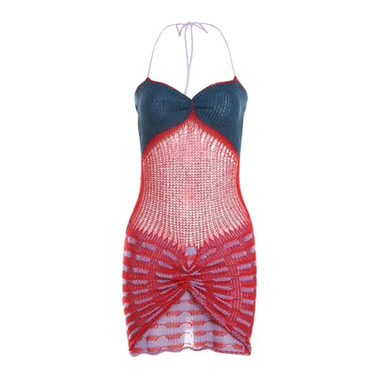 S / Red Summer Hollow Out Panelled Kint Short Dress Beach Clothes Women 2024 Sexy Backless Halter Booty Dress