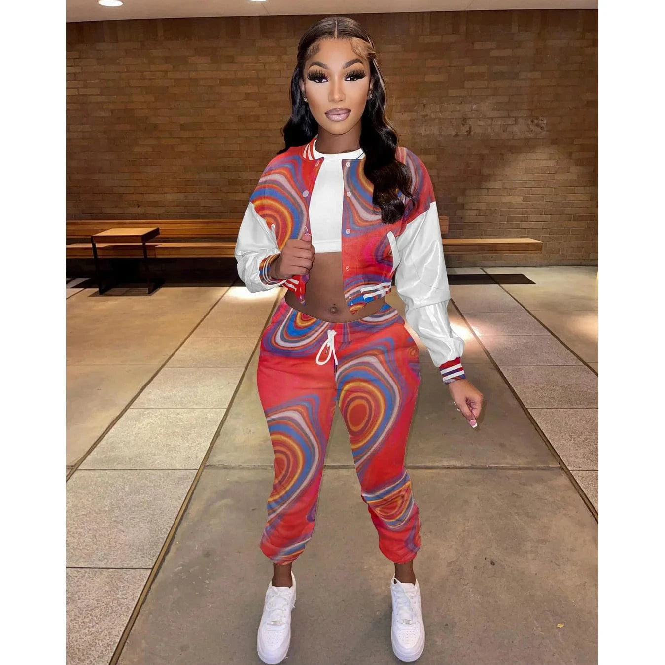 S / Red Two-piece trousers suit jogging sportswear women's baseball sports suit Button leather sleeve stretch suit with thin velvet
