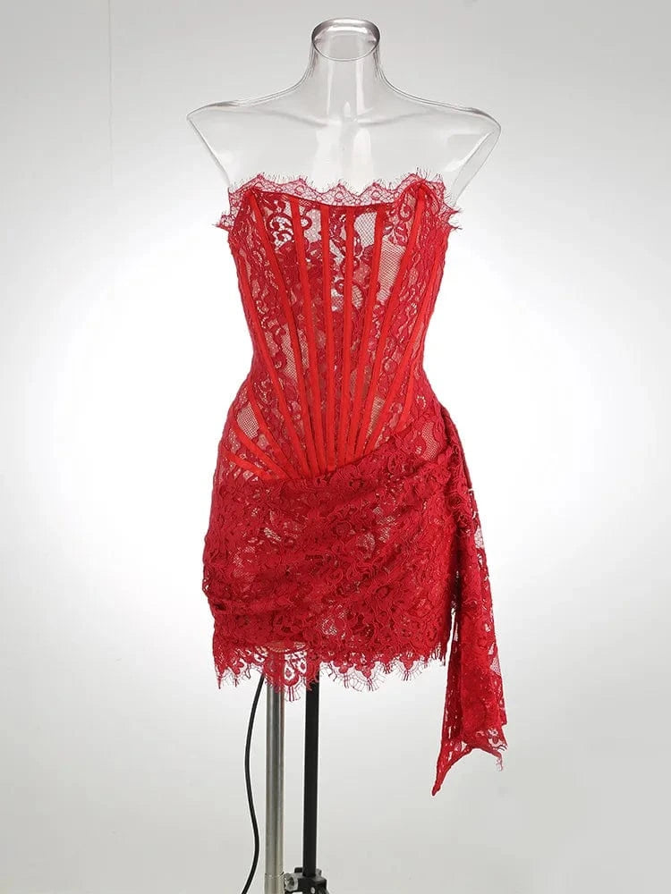 S / Red Valentines Day Gift 2024 Elegant Women Strapless Lace Gowns Solid Pleated Birthday Outfits Evening Dress