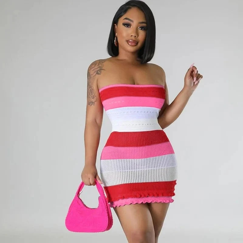 S / Red Wholesale 2024 Summer Women's Fashion New Product Sexy And Sweet Bra Off The Back Colored Lace Slim Fit Knitted Dress