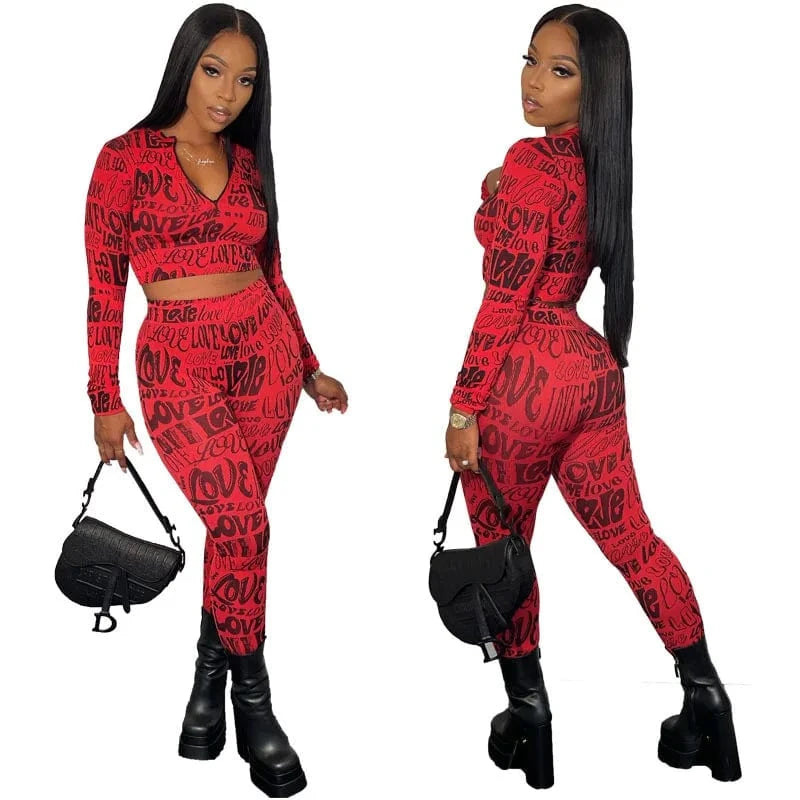 S / Red With Stretch Women Clothing Printing 2 Piece Set Casual Outfits Letter Two Piece Pants Set Fall 2022 Women Clothes